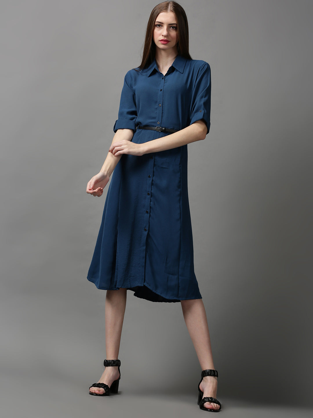 Women's Blue Solid A-Line Dress