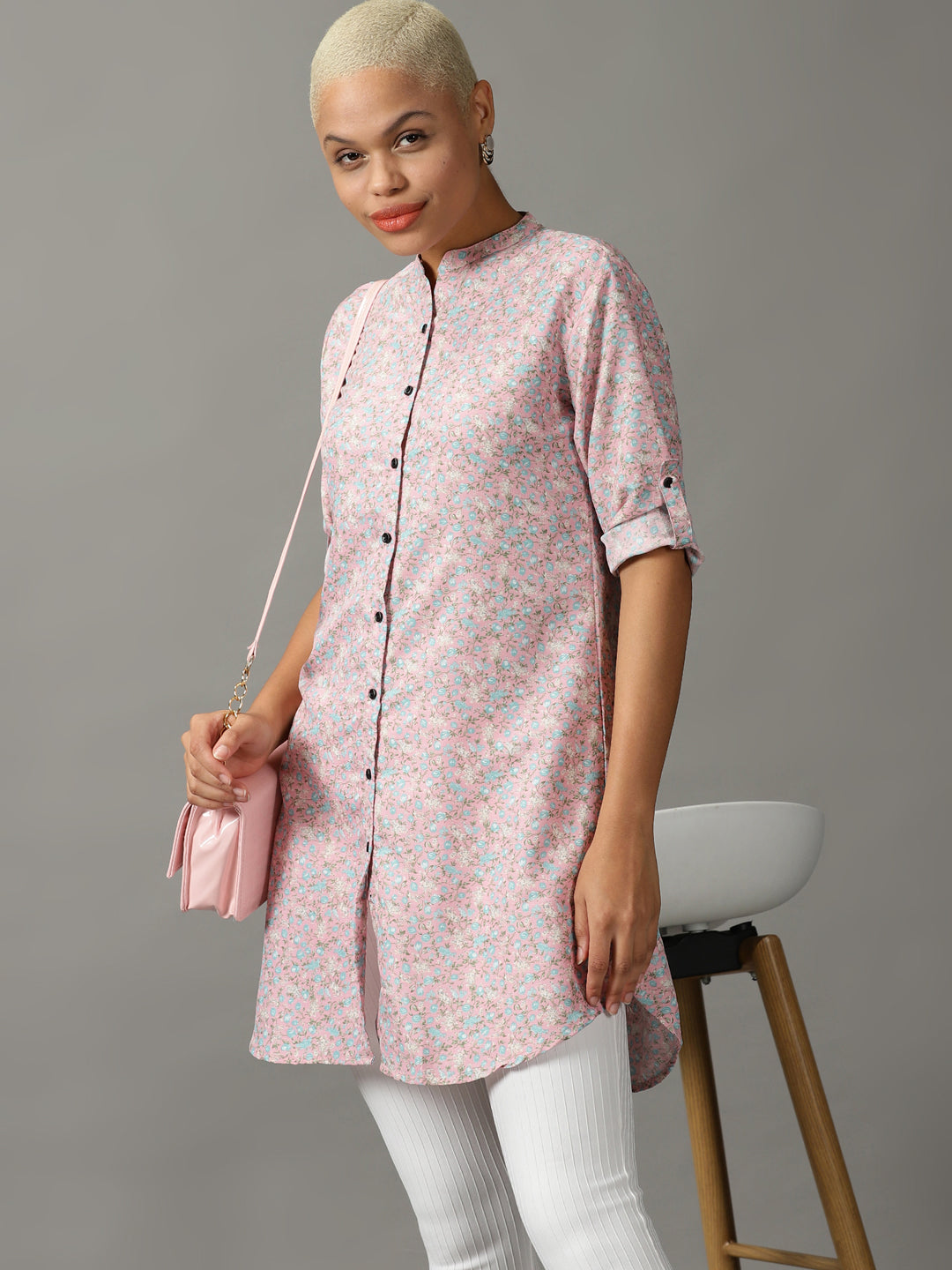 Women's Pink Printed Longline Shirt