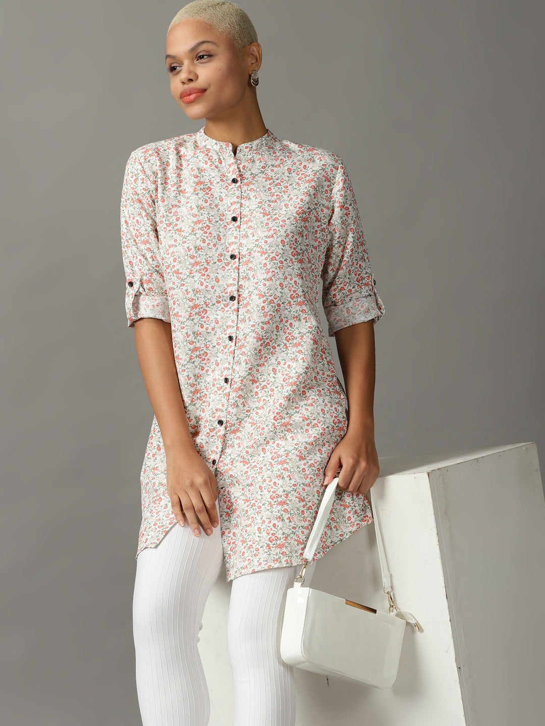 Women's White Printed Longline Shirt