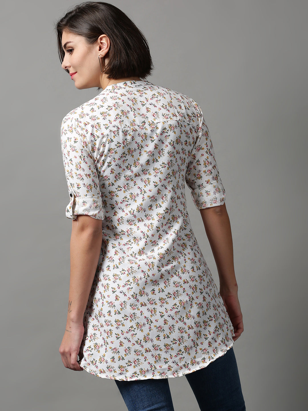 Women's White Printed Longline Shirt