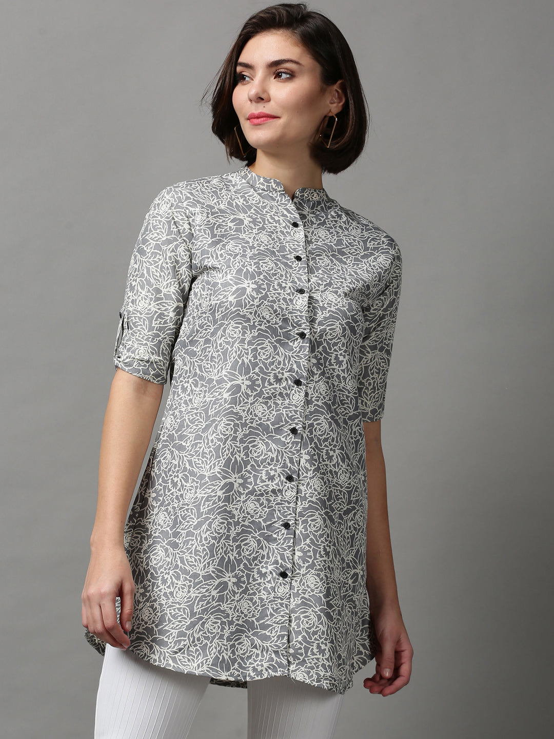 Women's Grey Printed Longline Shirt