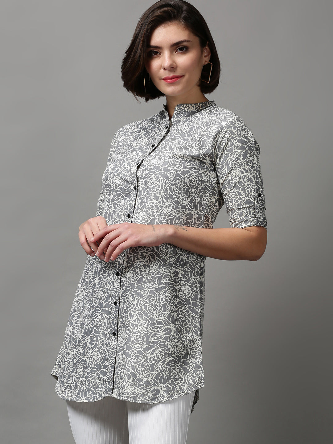 Women's Grey Printed Longline Shirt