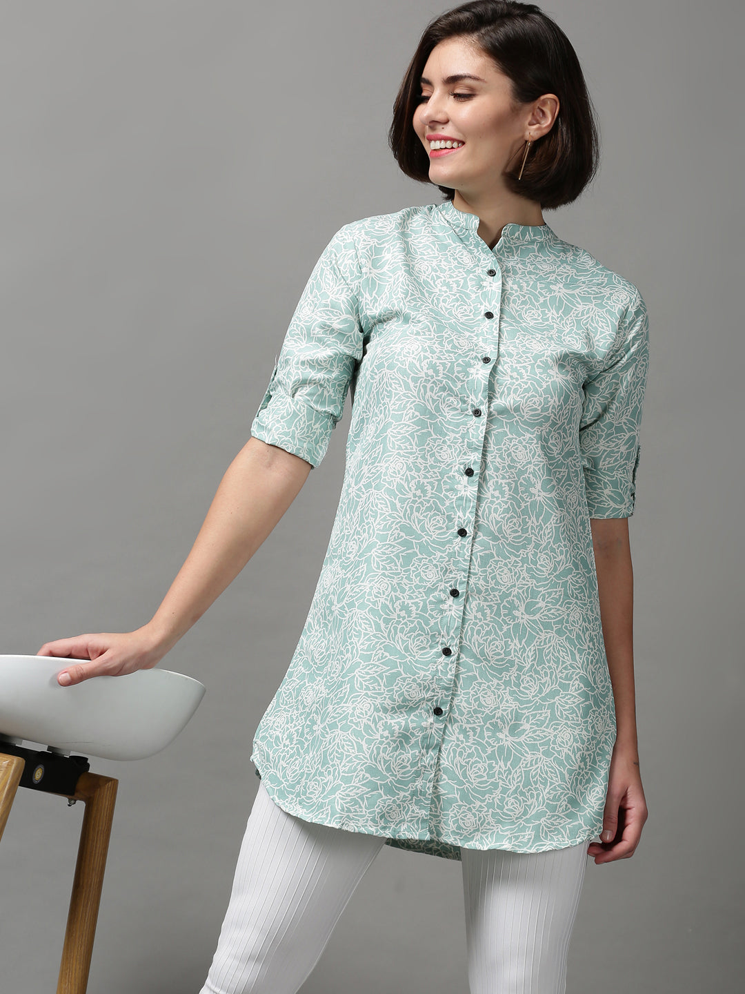 Women's Green Printed Longline Shirt