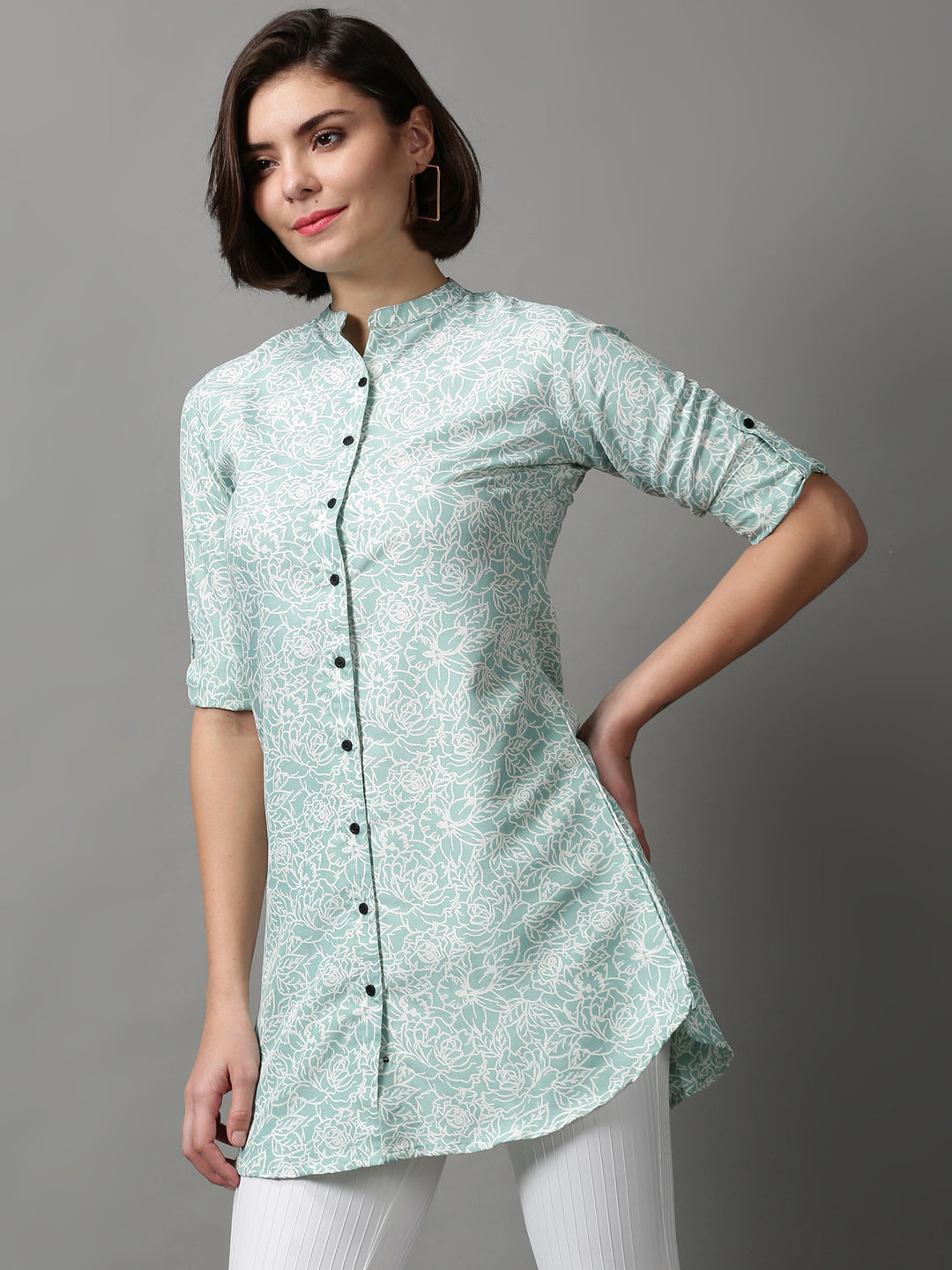 Women's Green Printed Longline Shirt