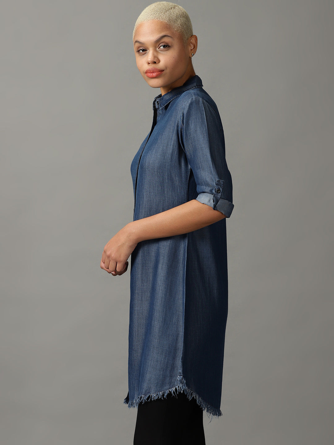 Women's Blue Solid Longline Shirt