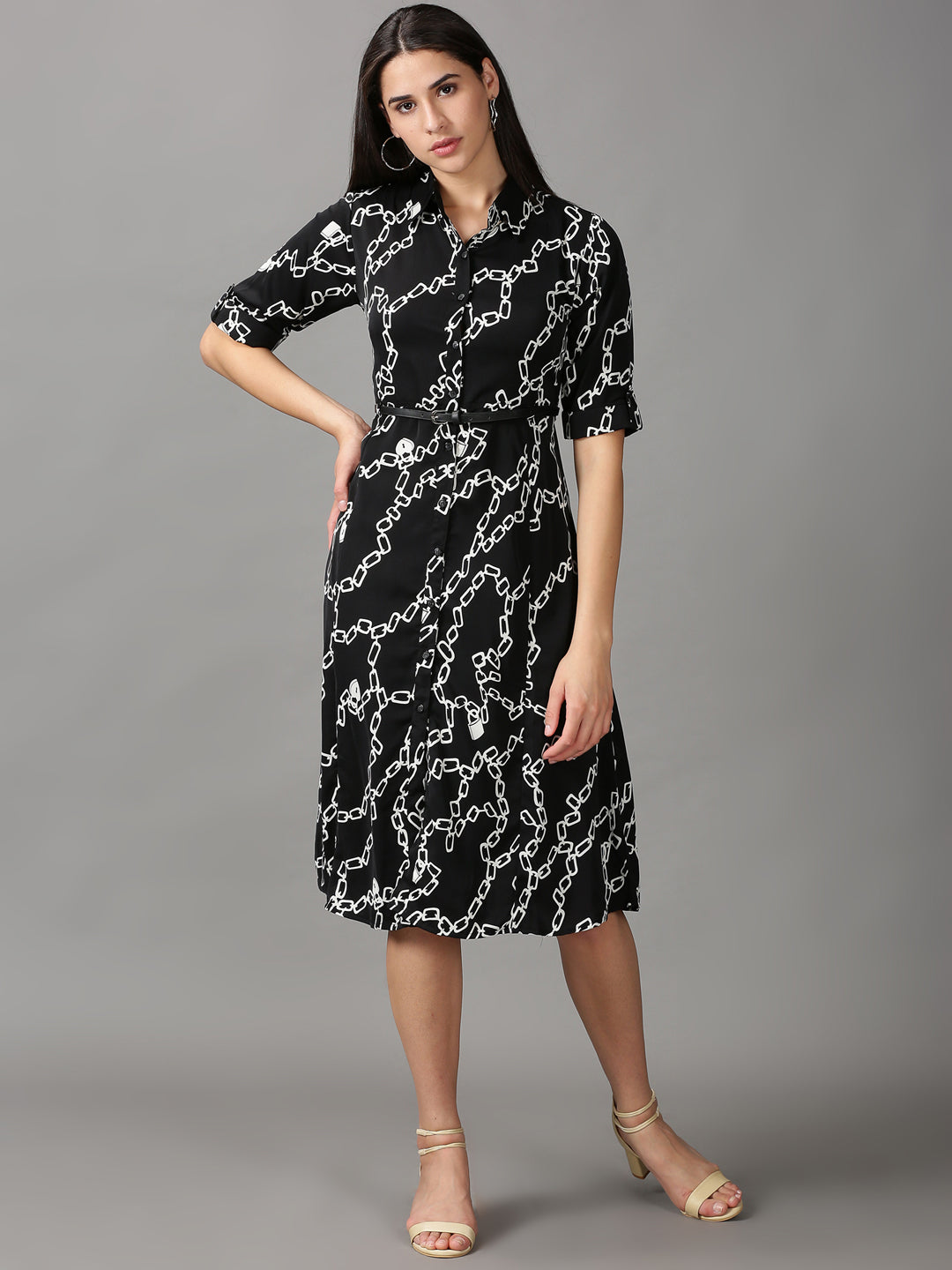 Women's Black Printed Fit and Flare Dress