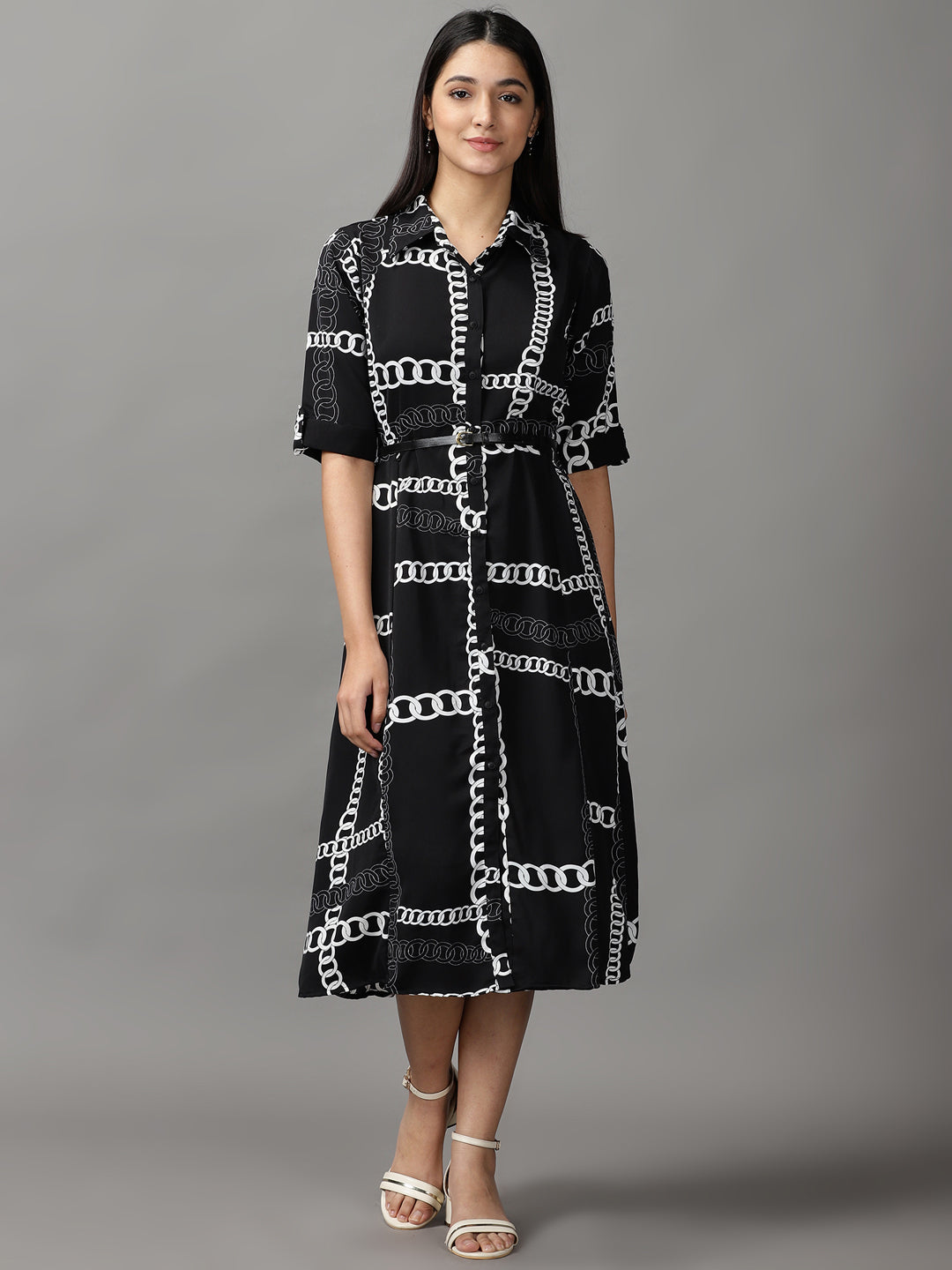 Women's Black Printed Fit and Flare Dress