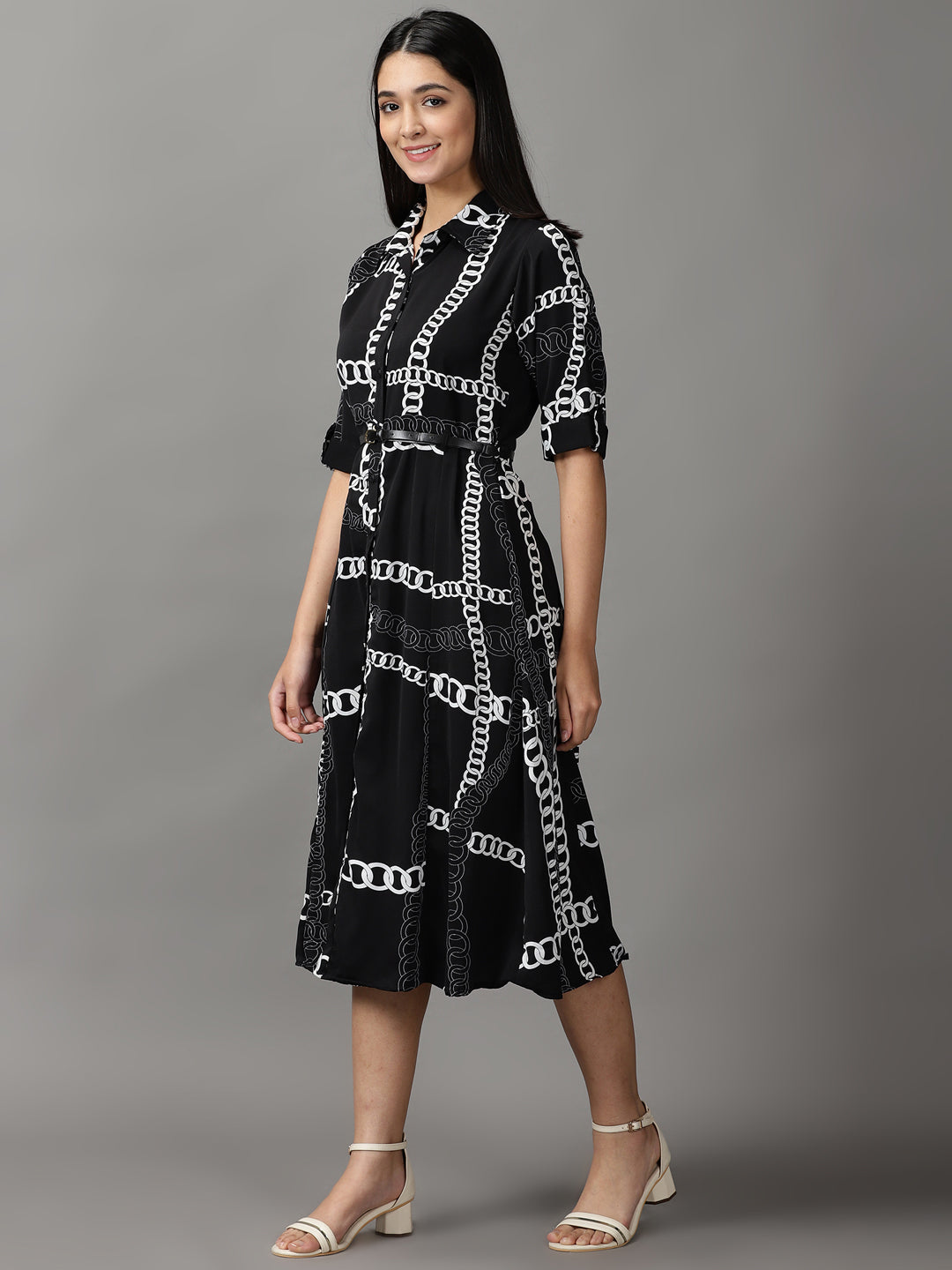 Women's Black Printed Fit and Flare Dress