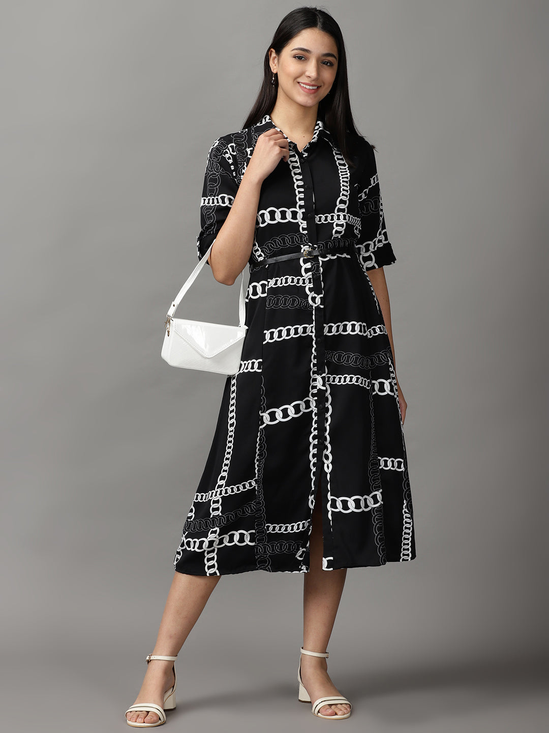 Women's Black Printed Fit and Flare Dress