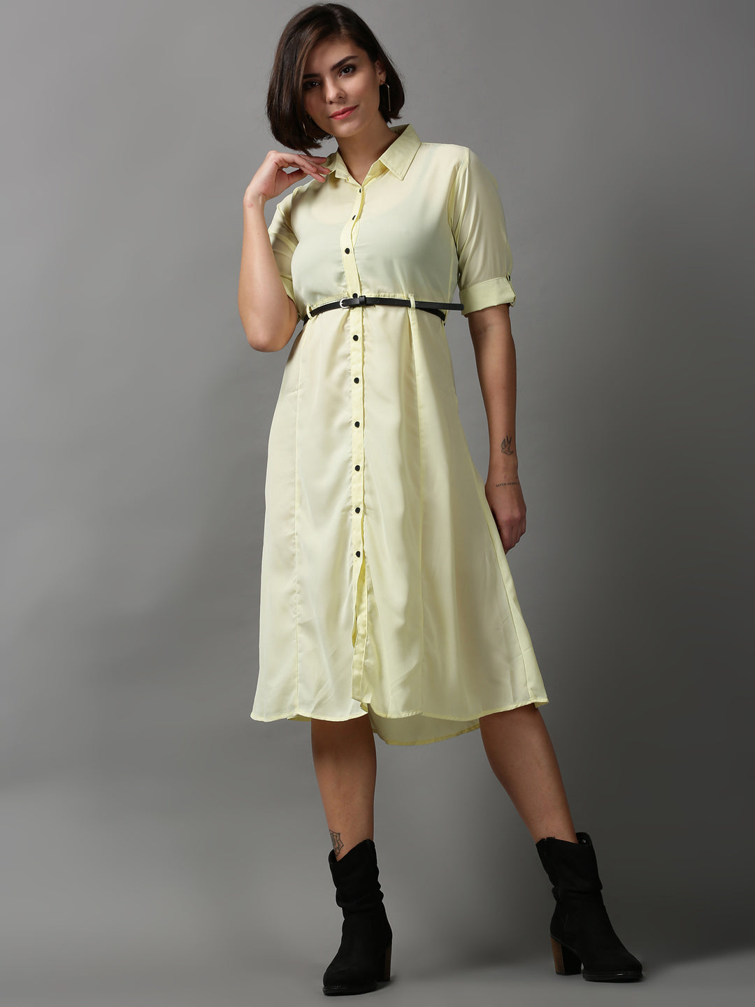 Women's Yellow Solid A-Line Dress