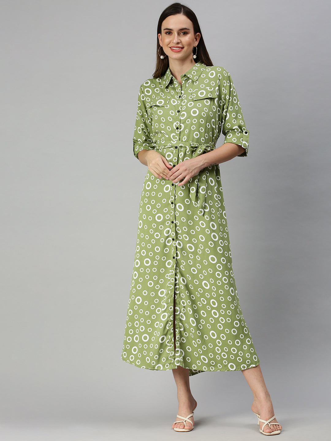 Women's Green Printed Shirt Dress