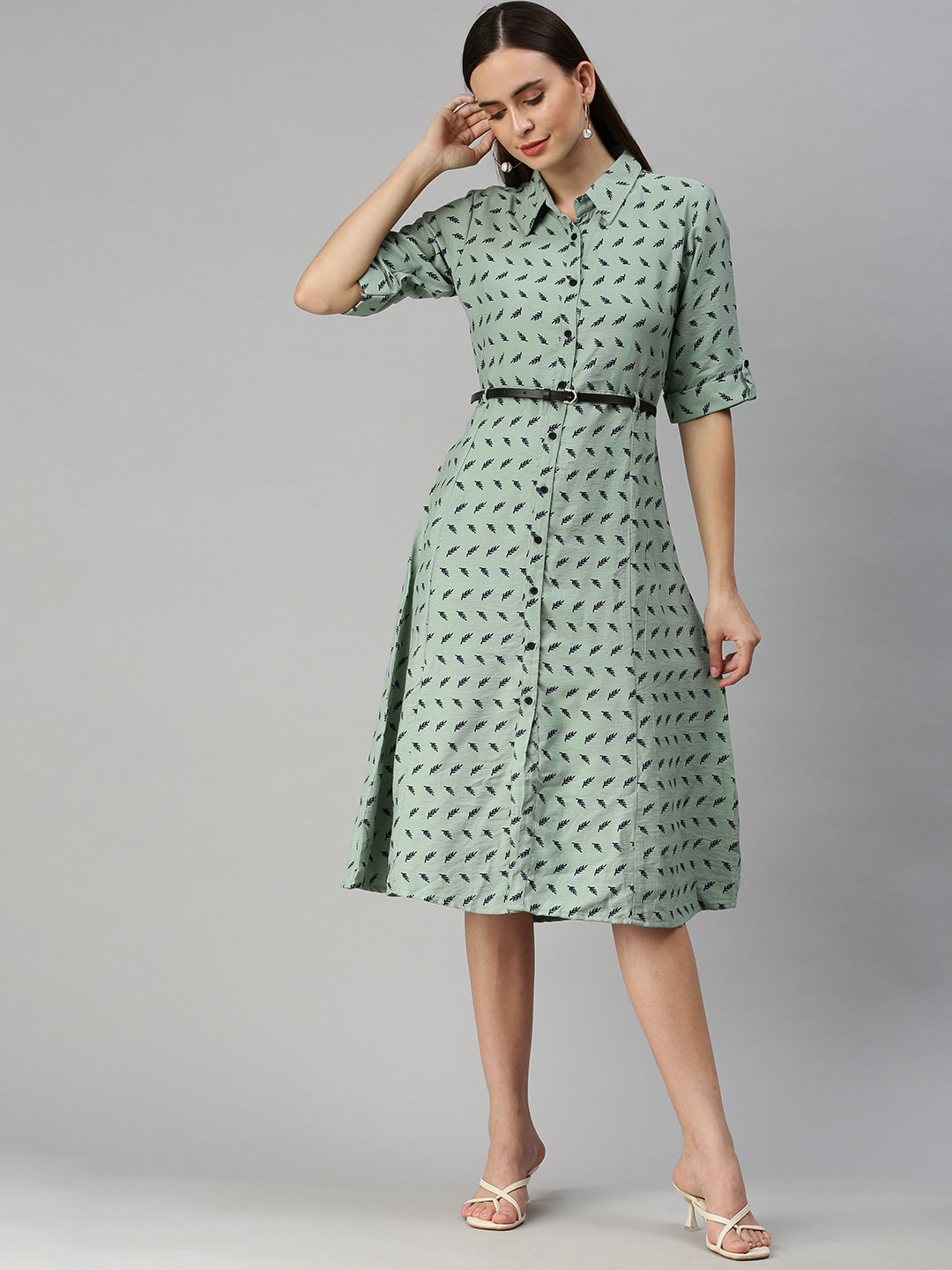 Women's Green Printed Shirt Dress