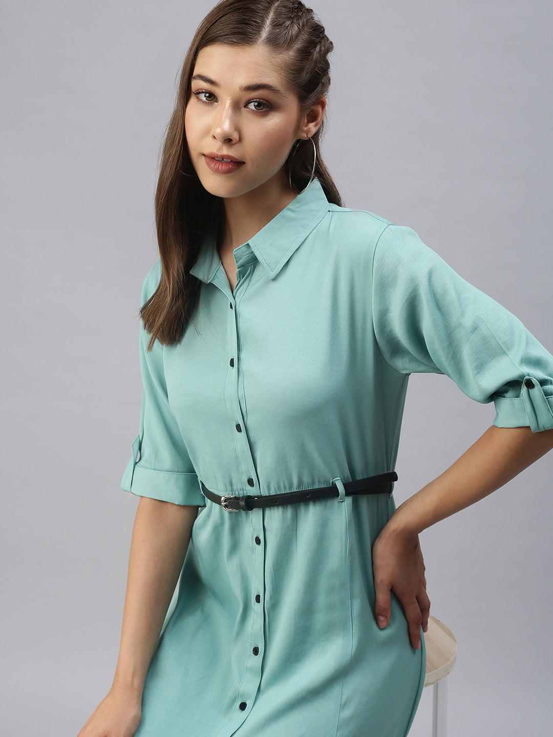 Women's Green Solid Shirt Dress