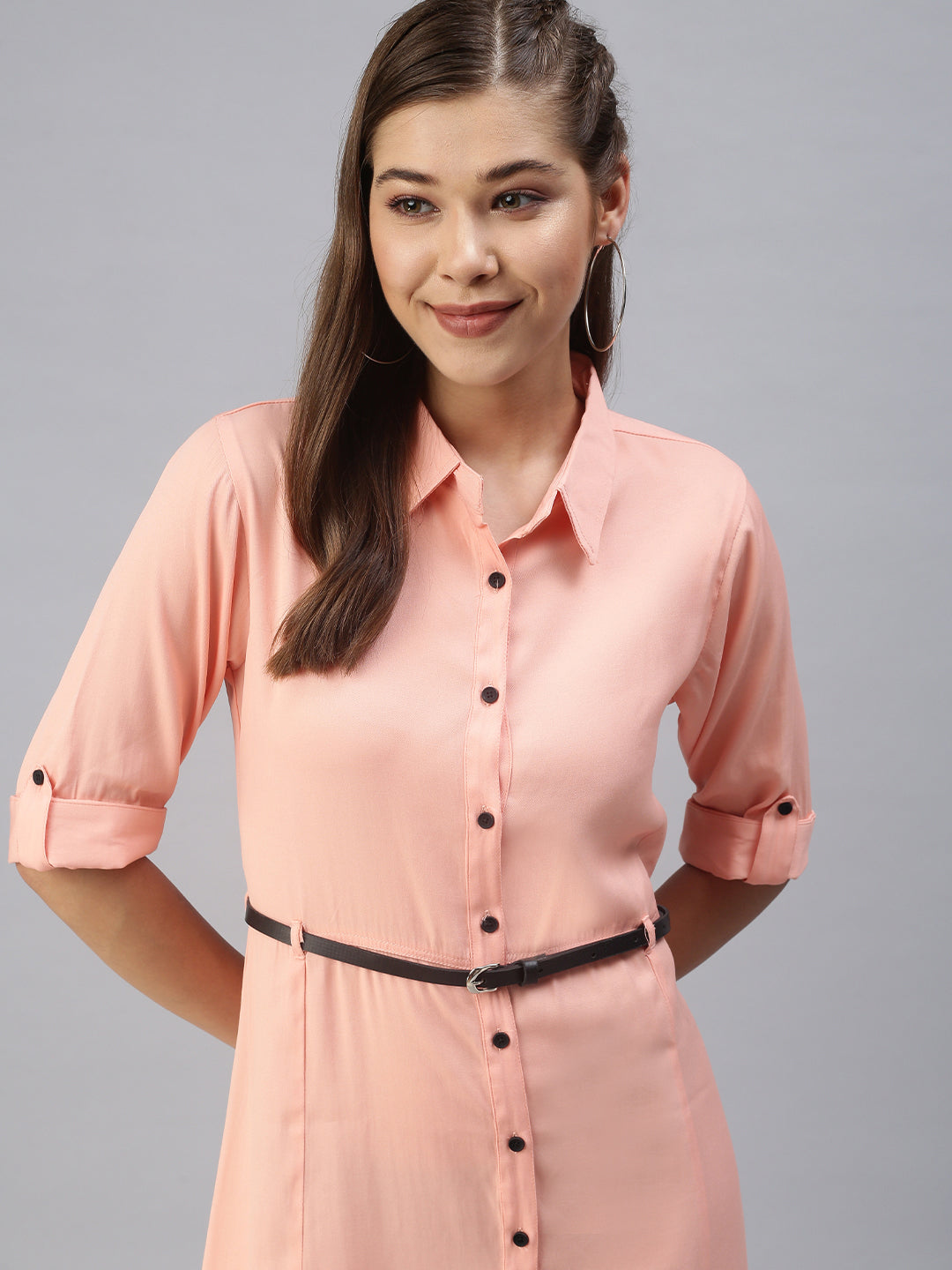 Women's Peach Solid Shirt Dress