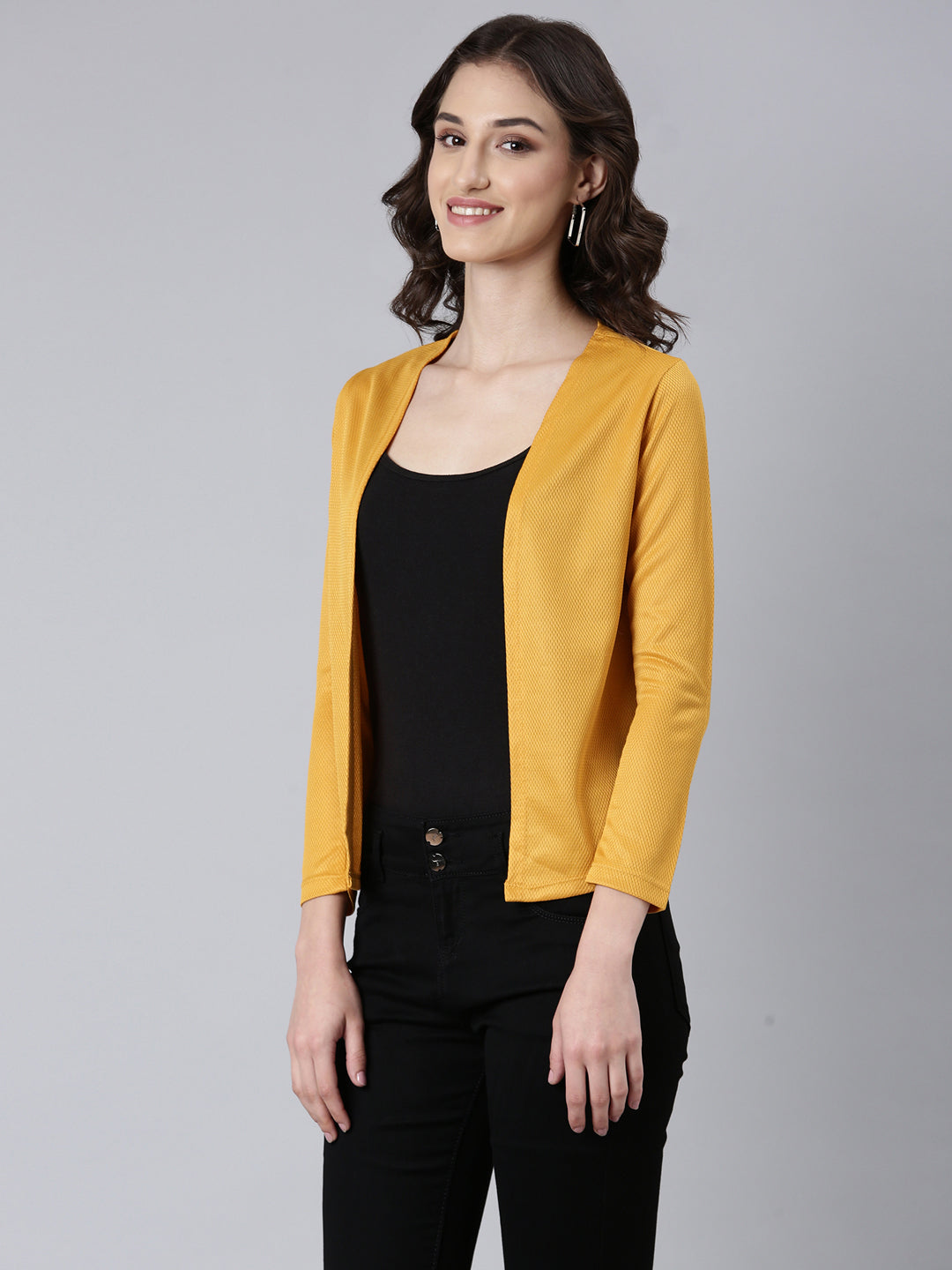 Women Mustard Solid Shrug