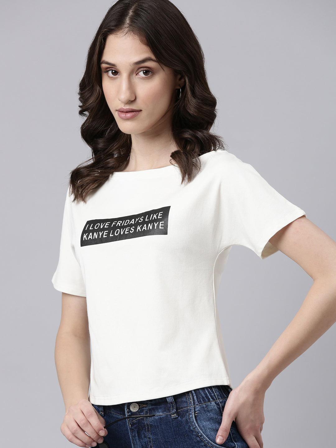Women Off White Typographic Slim Fit Tshirt