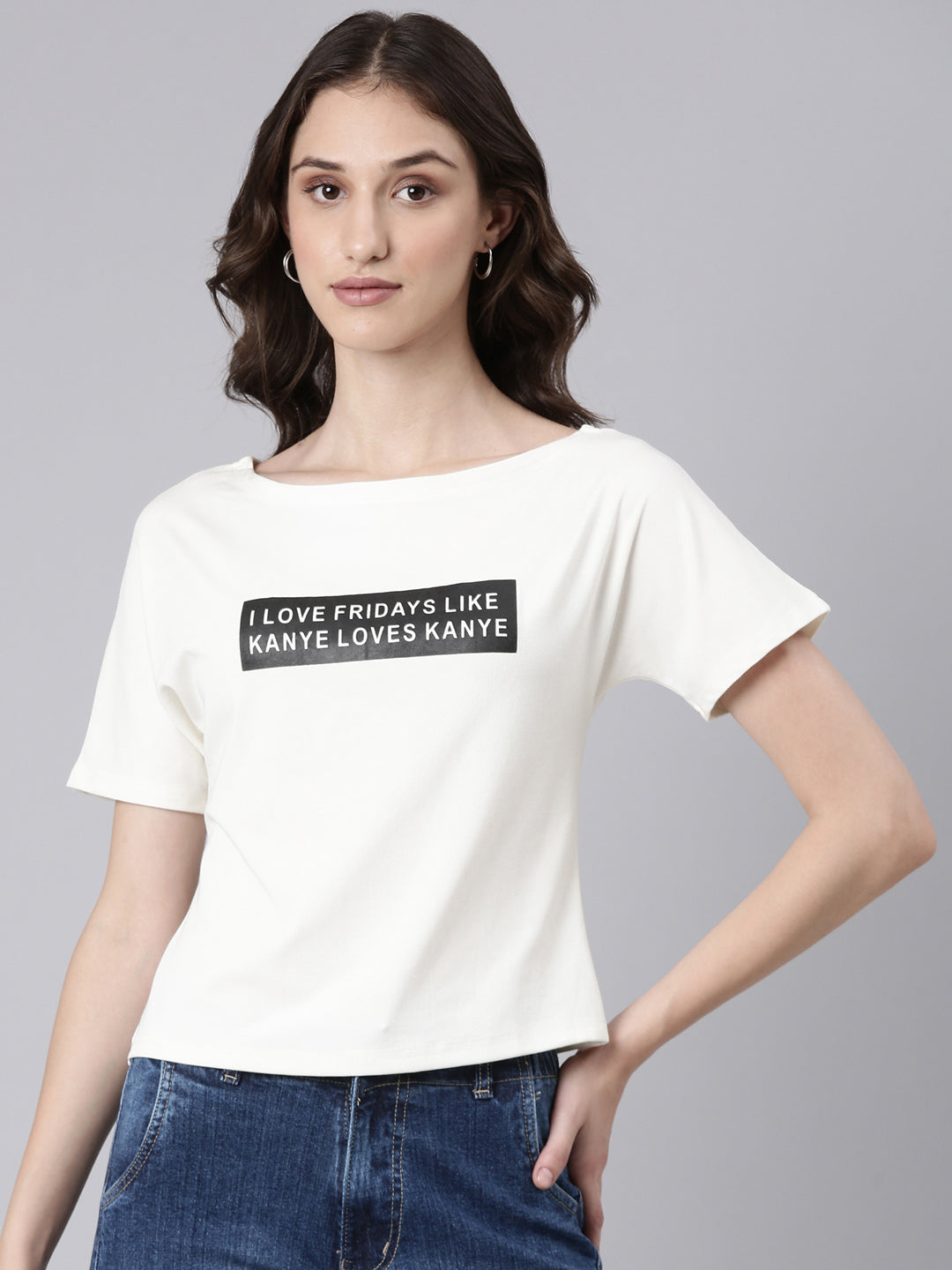 Women Off White Typographic Slim Fit Tshirt