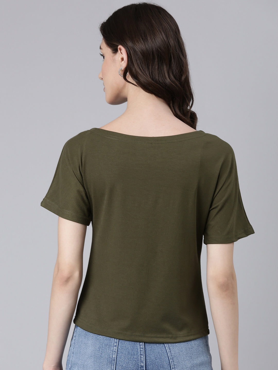 Women Olive Typographic Slim Fit Tshirt