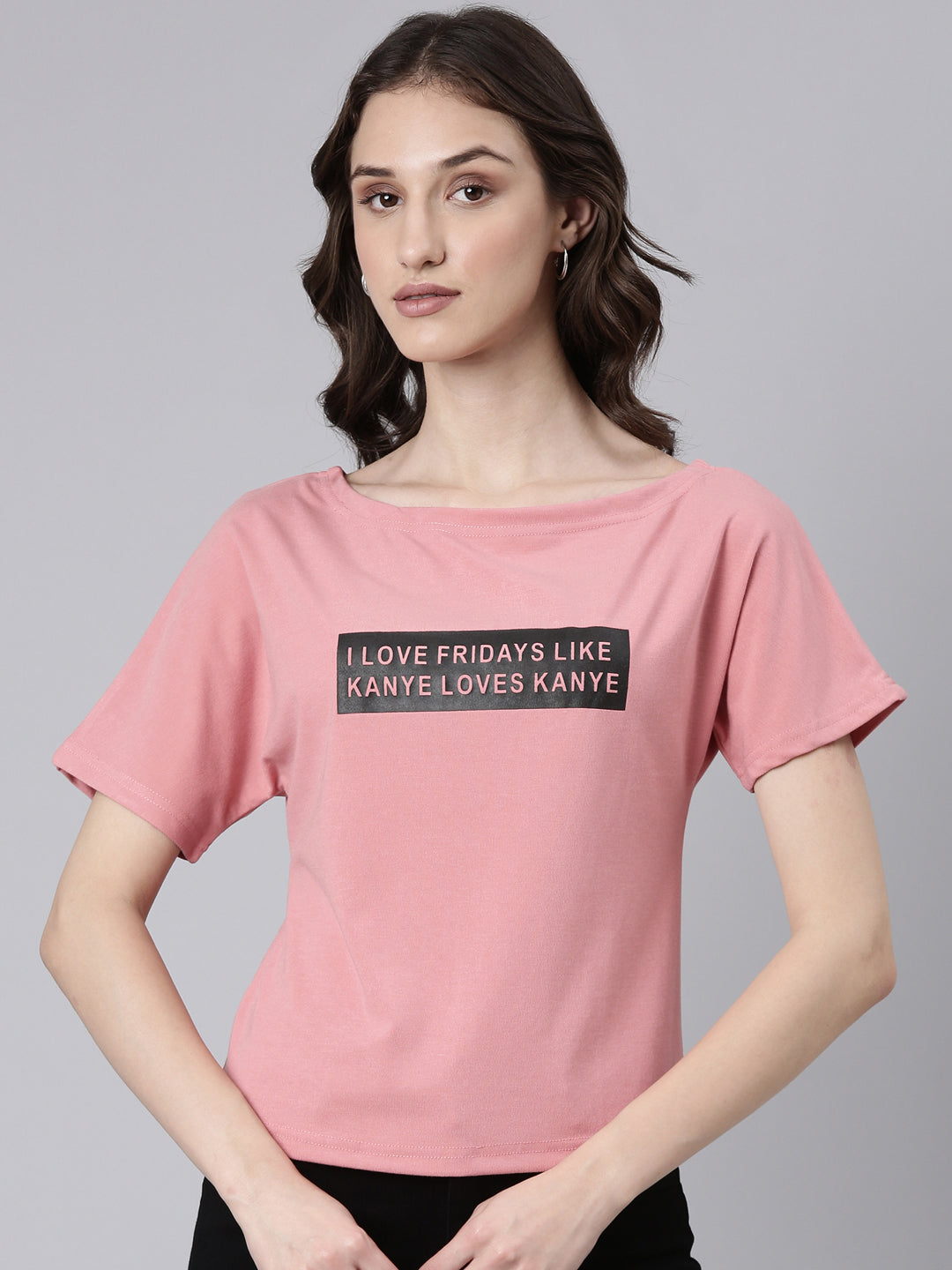 Women Peach Typographic Slim Fit Tshirt