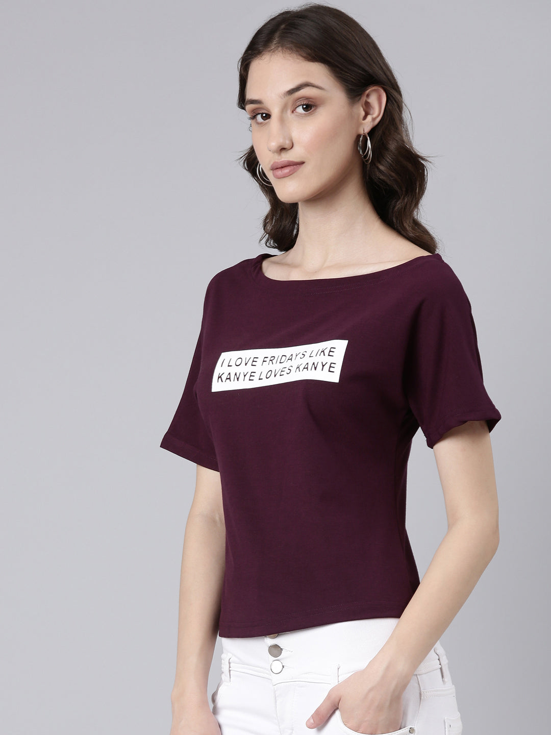 Women Purple Typographic Slim Fit Tshirt