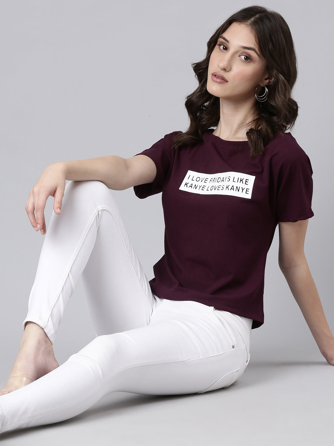 Women Purple Typographic Slim Fit Tshirt