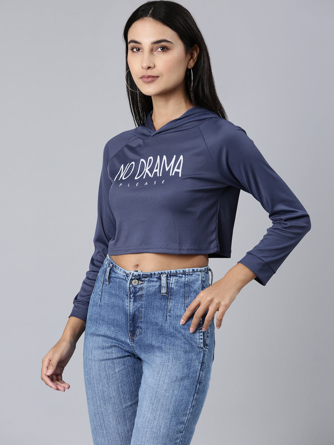 Women Navy Blue Typographic Crop Boxy Tshirt