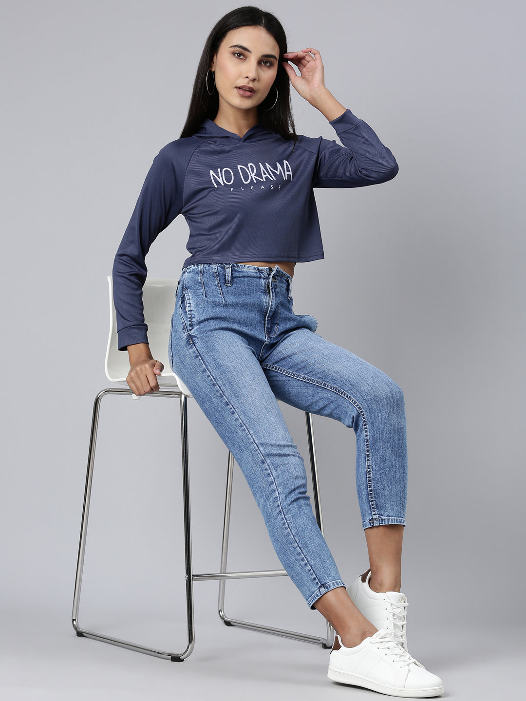 Women Navy Blue Typographic Crop Boxy Tshirt