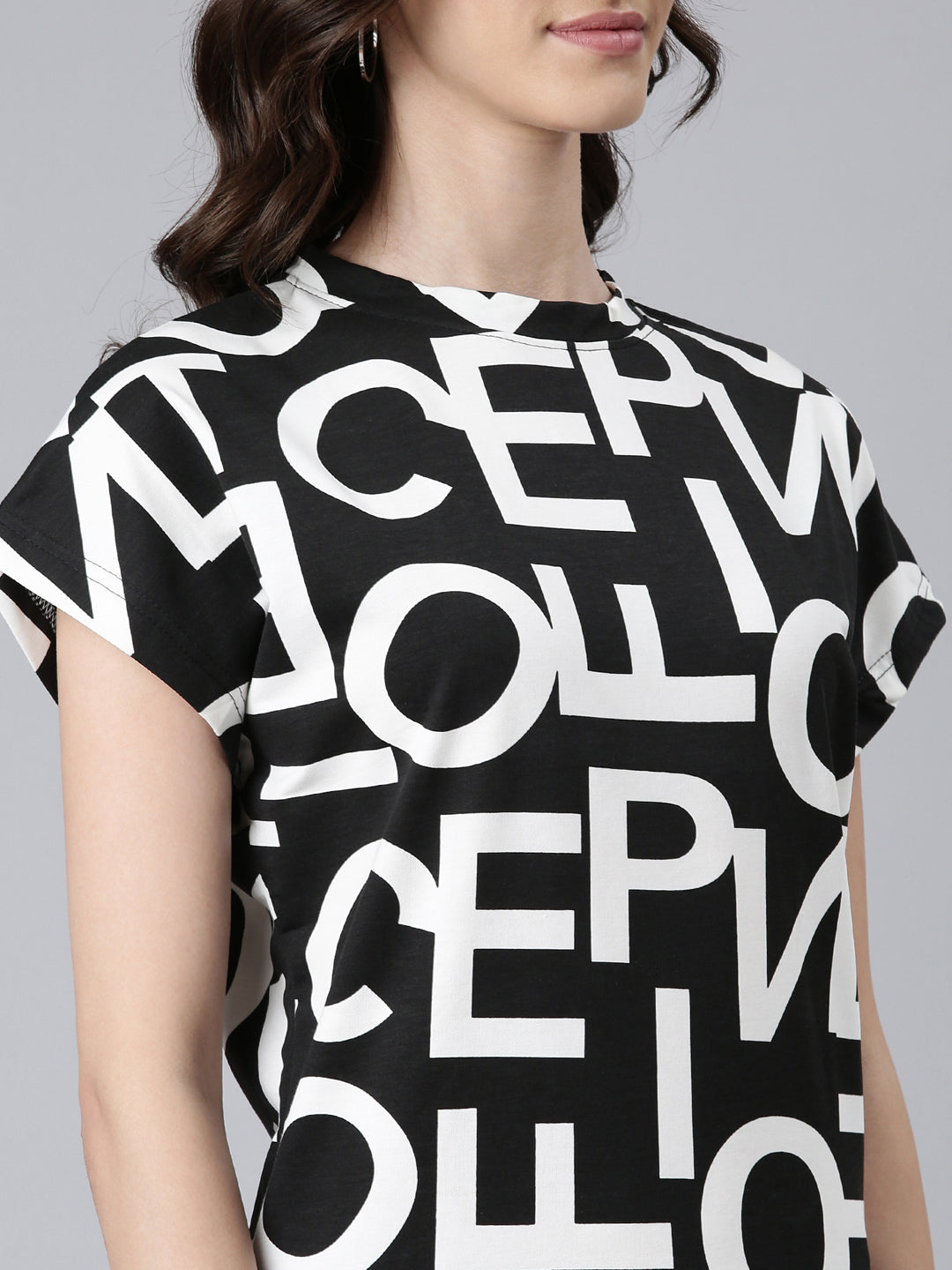 Women Black Typographic Boxy Tshirt