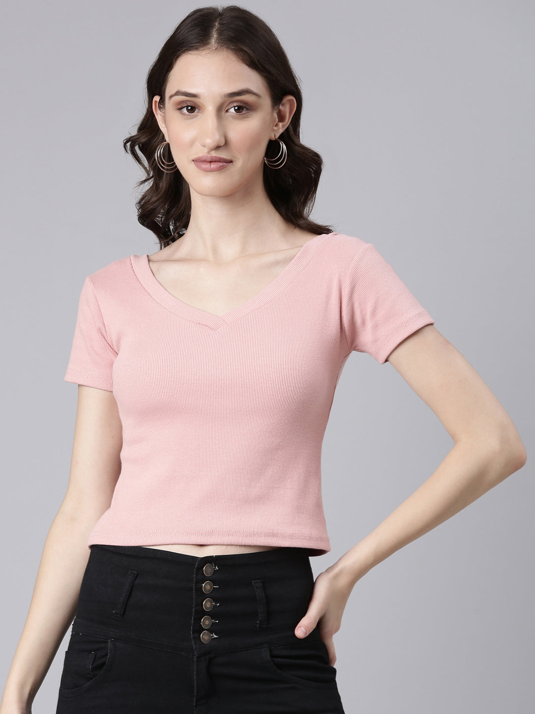 Women Peach Solid Crop Slim Fit Tshirt