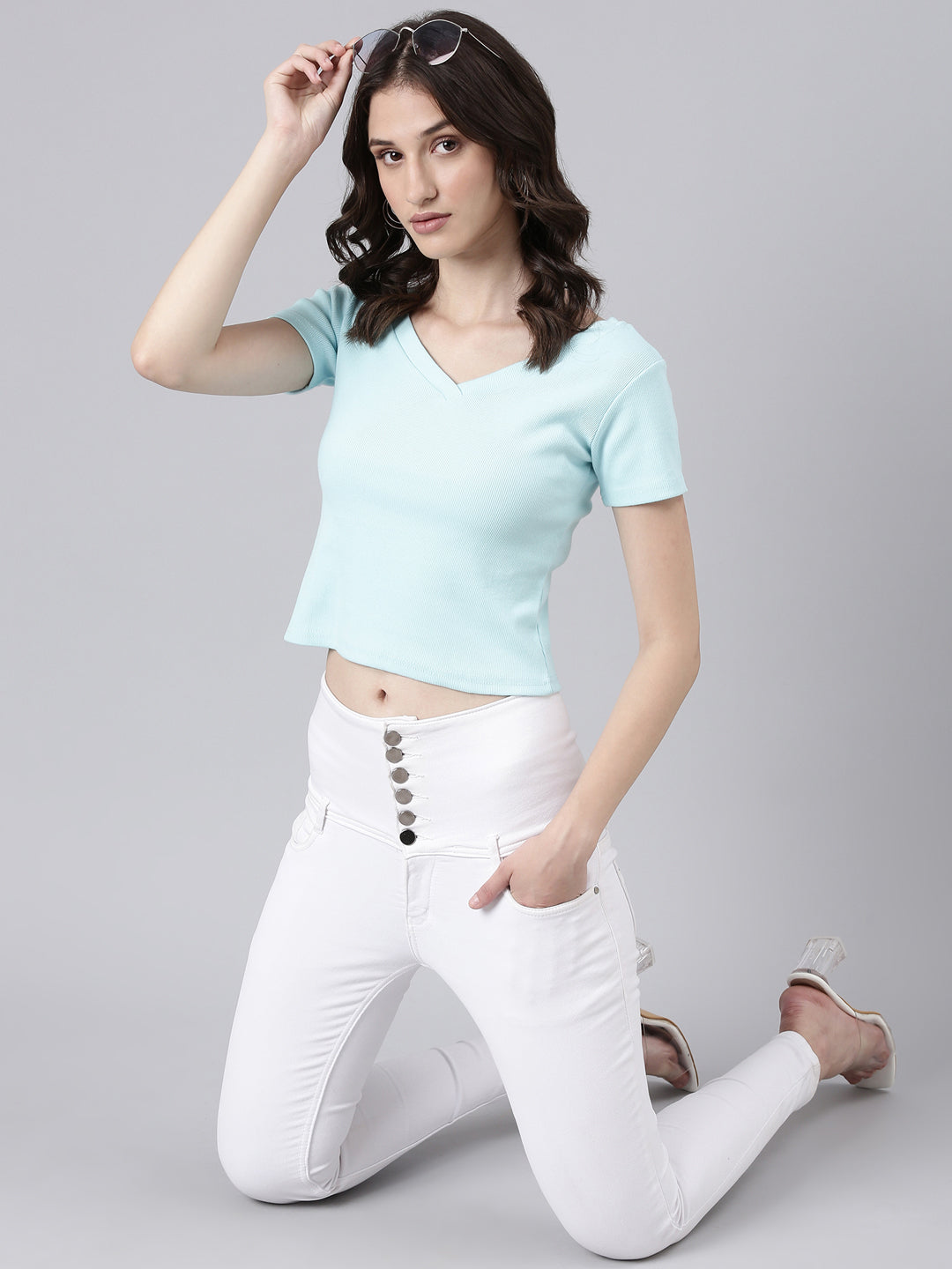 Women Turquoise Blue Solid Crop Slim Fit Tshirt