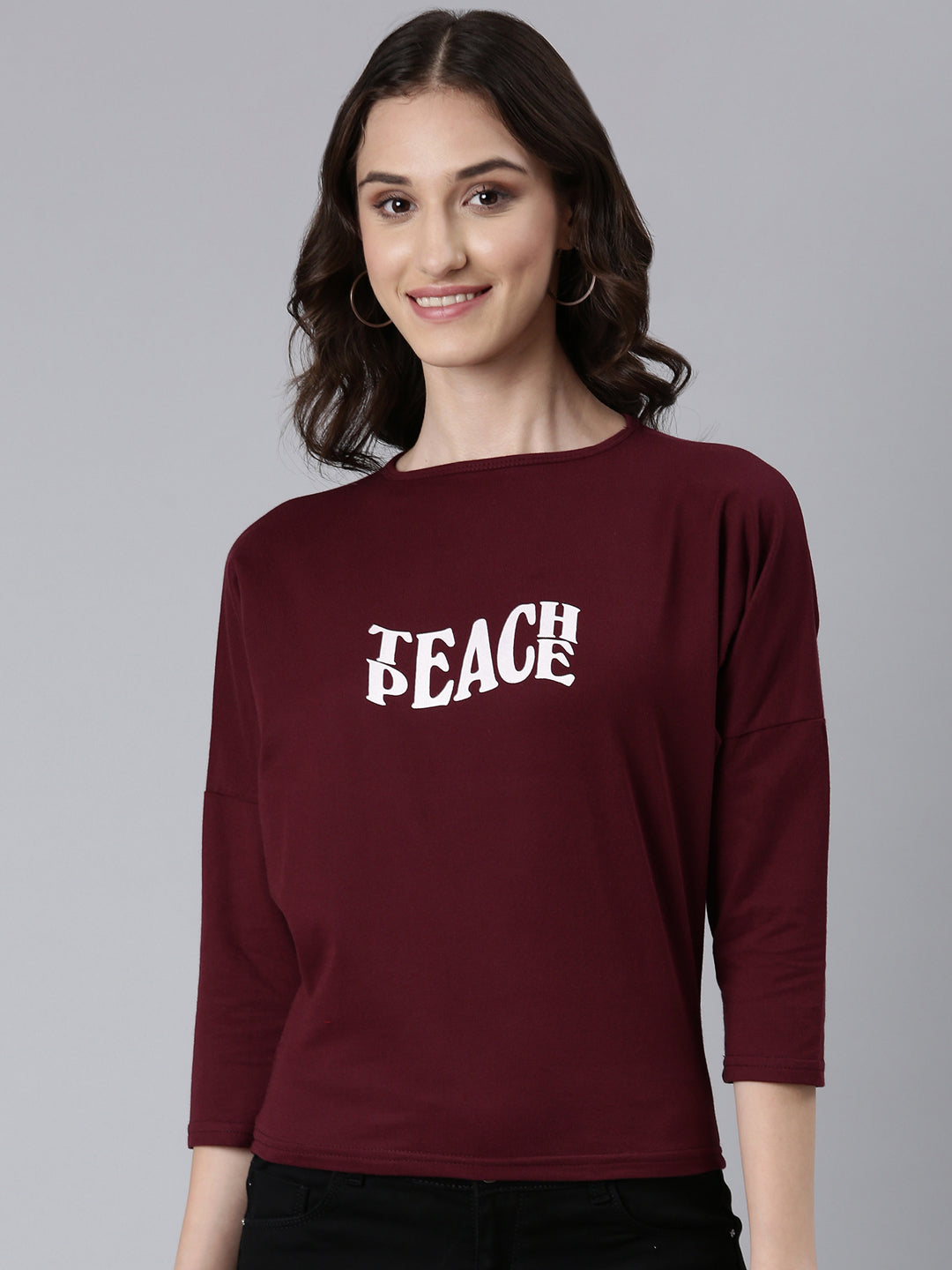 Women Maroon Typographic Slim Fit Tshirt