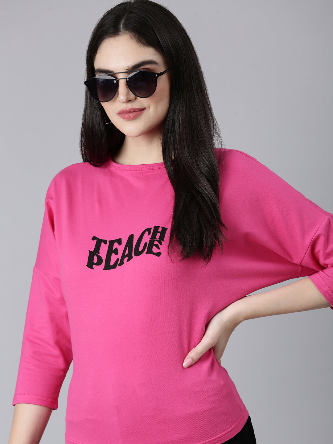 Women Pink Typographic Slim Fit Tshirt