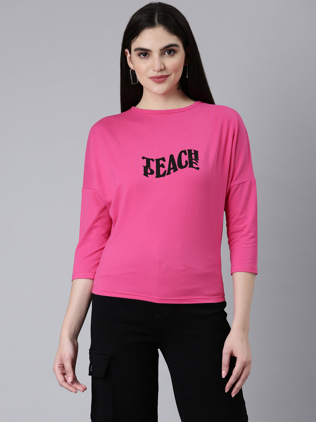 Women Pink Typographic Slim Fit Tshirt