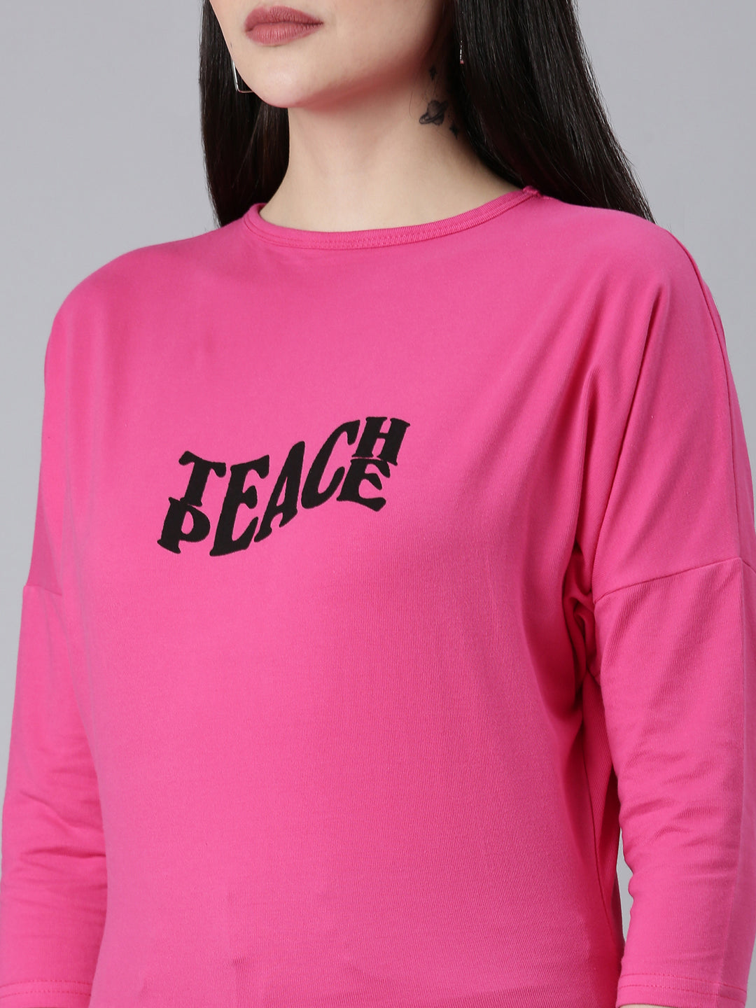 Women Pink Typographic Slim Fit Tshirt