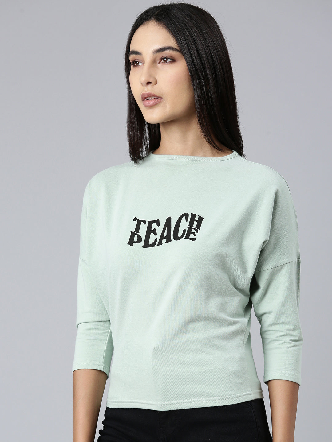 Women Sea Green Typographic Slim Fit Tshirt