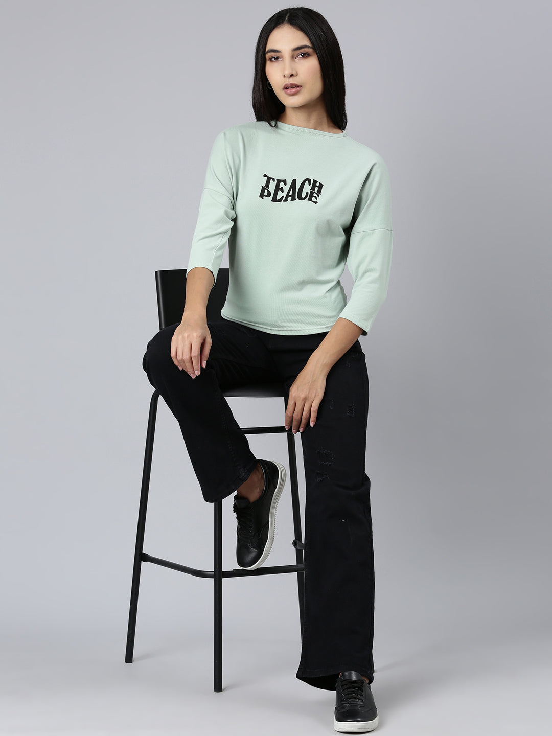 Women Sea Green Typographic Slim Fit Tshirt