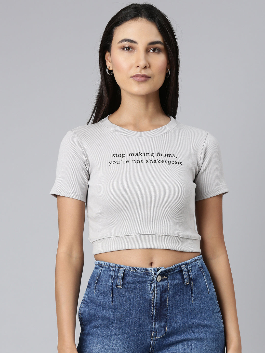 Women Grey Typographic Crop Slim Fit Tshirt