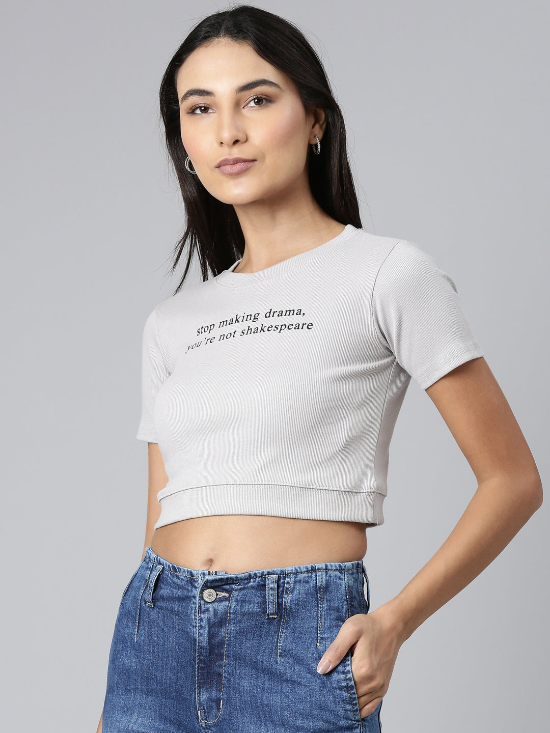 Women Grey Typographic Crop Slim Fit Tshirt