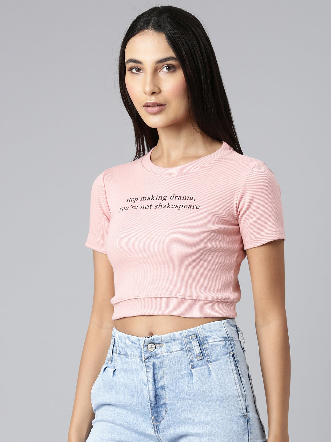 Women Peach Typographic Crop Slim Fit Tshirt