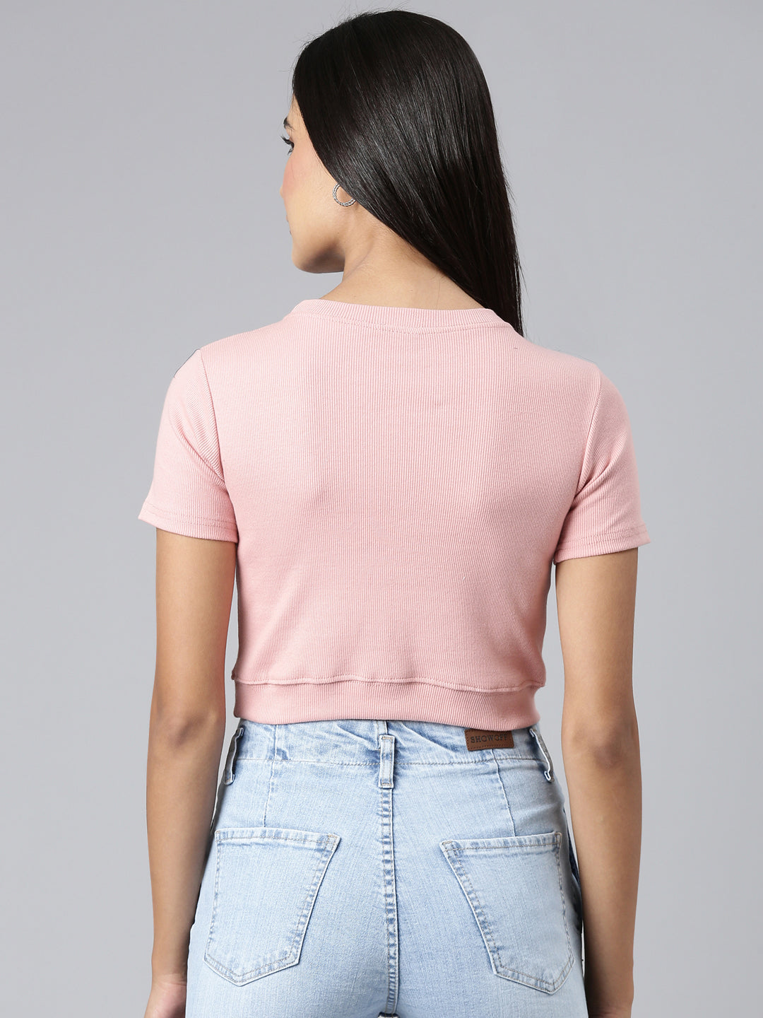 Women Peach Typographic Crop Slim Fit Tshirt