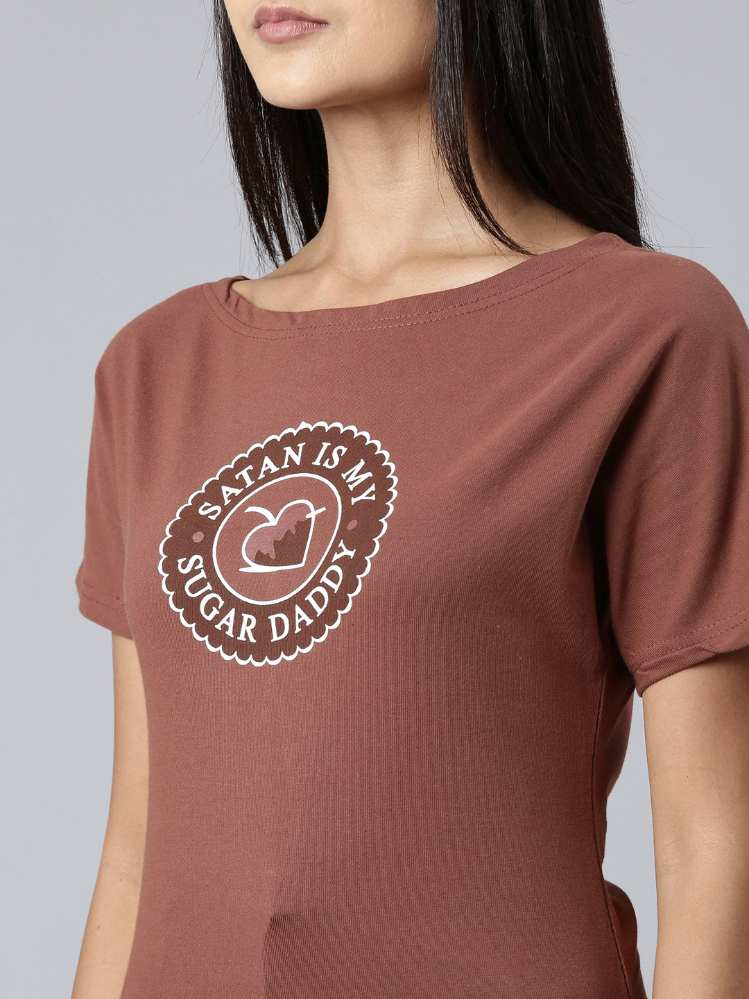Women Brown Typographic Slim Fit Tshirt
