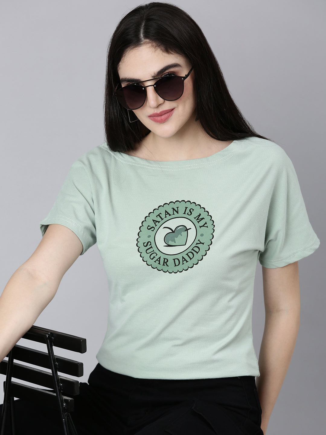 Women Sea Green Typographic Slim Fit Tshirt