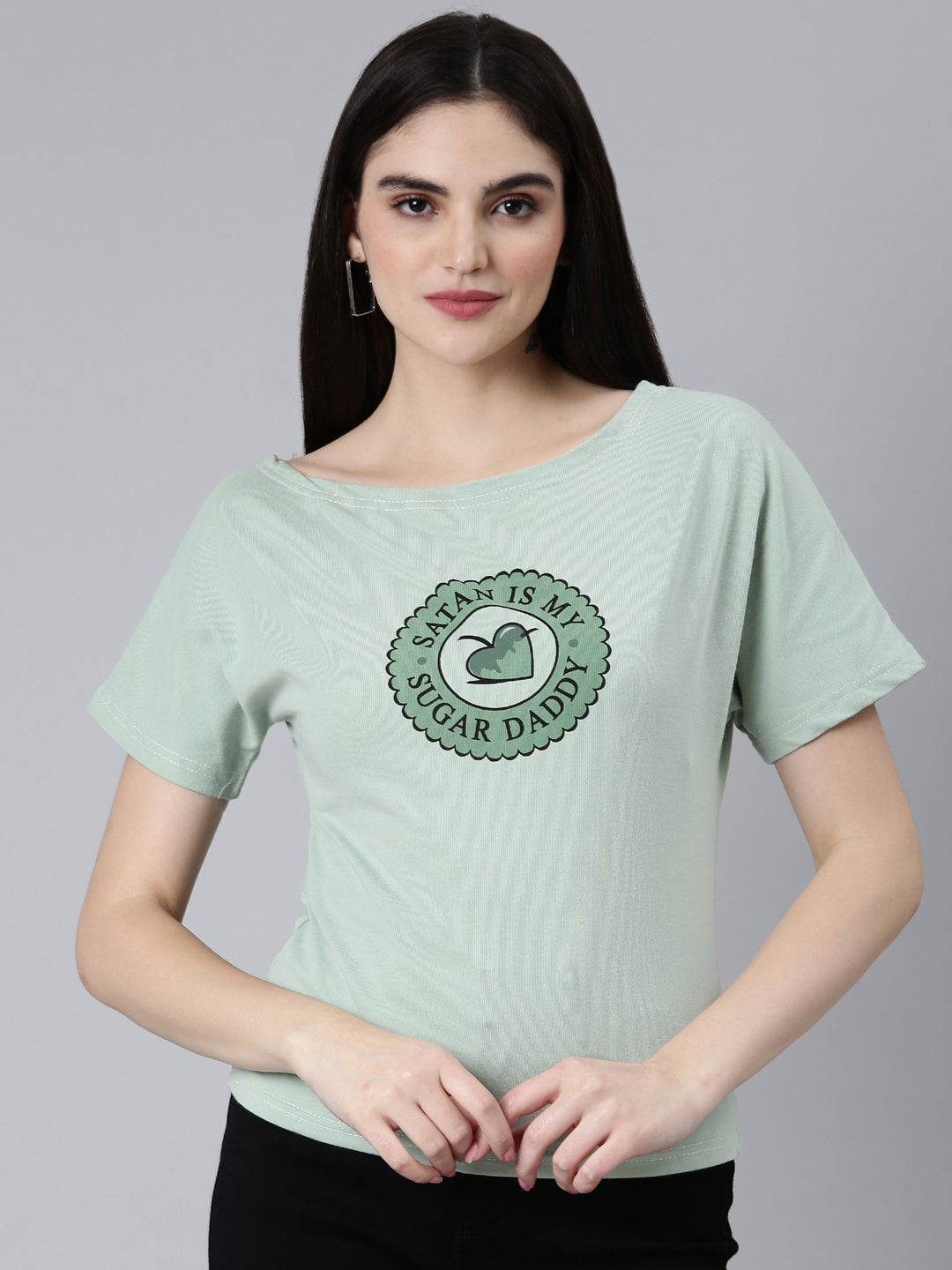 Women Sea Green Typographic Slim Fit Tshirt