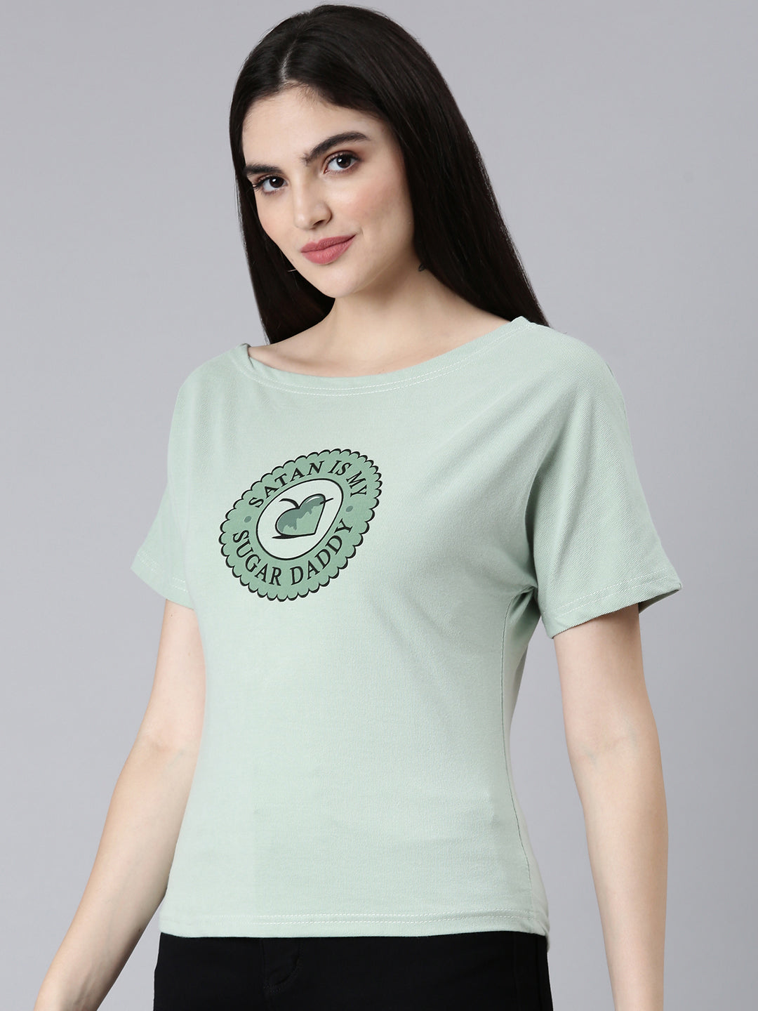 Women Sea Green Typographic Slim Fit Tshirt