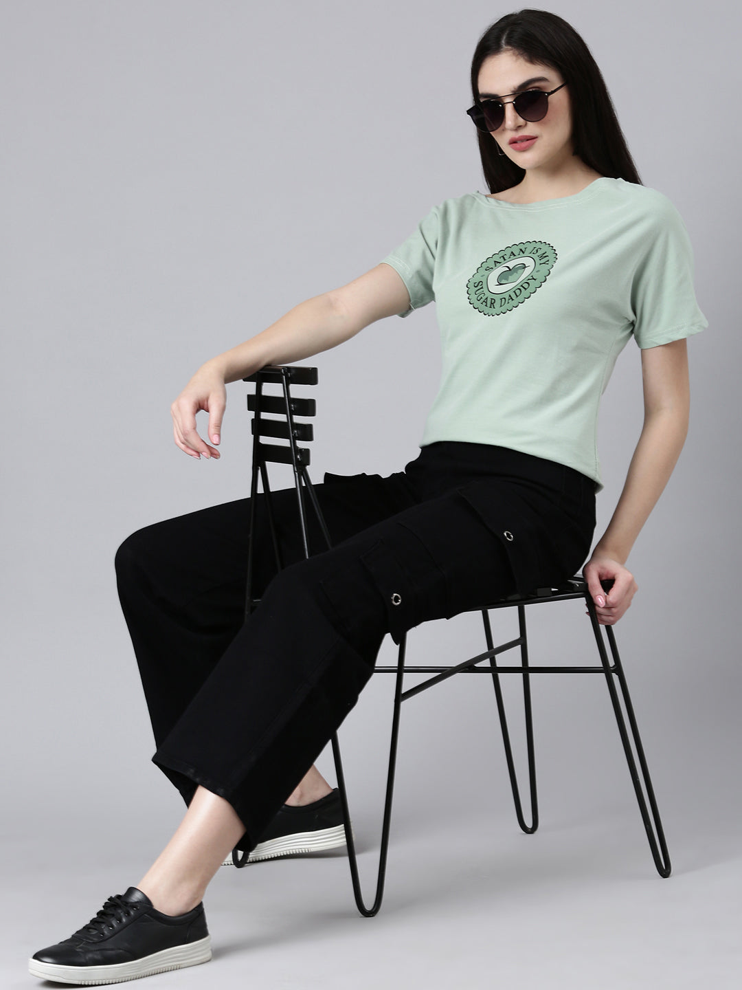 Women Sea Green Typographic Slim Fit Tshirt