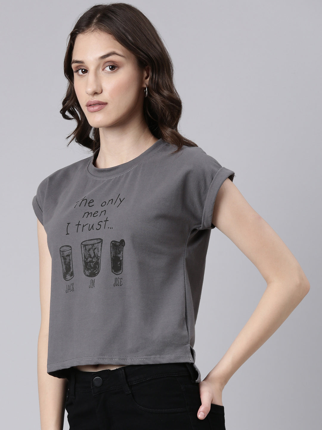 Women Grey Typographic Slim Fit Tshirt