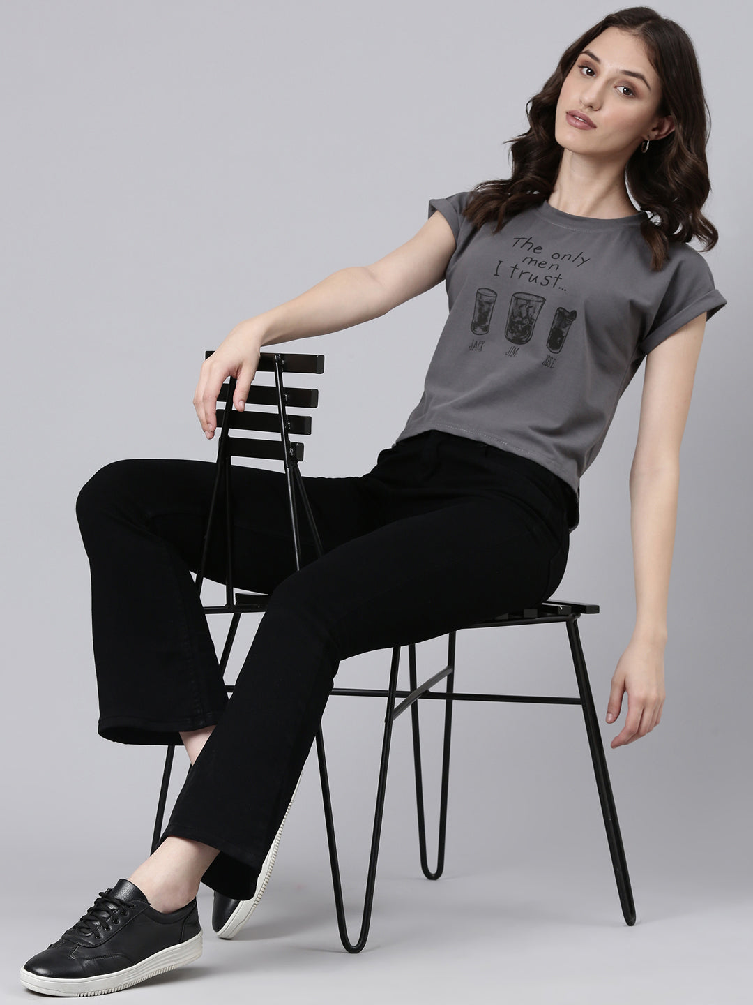 Women Grey Typographic Slim Fit Tshirt