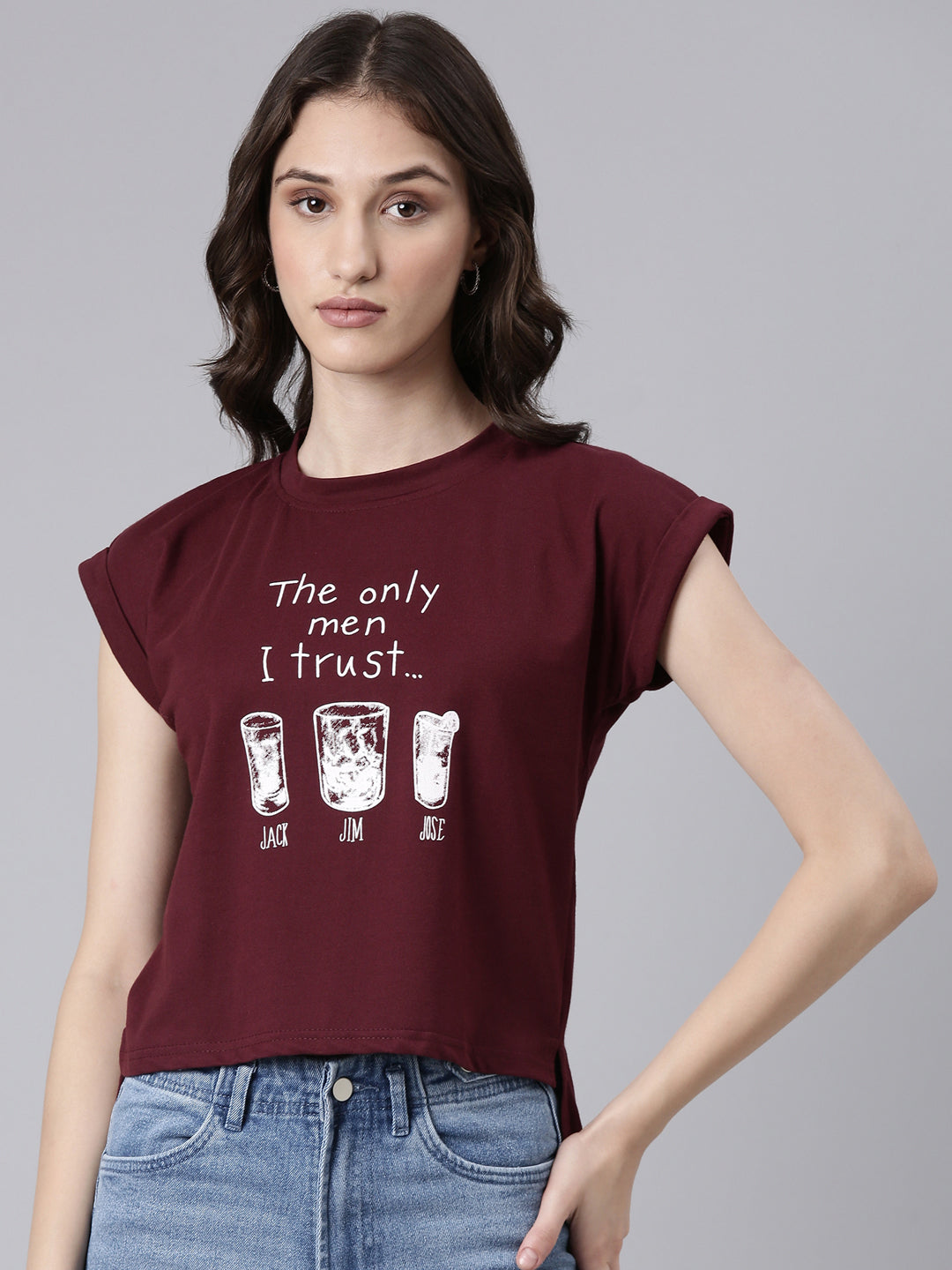 Women Maroon Typographic Slim Fit Tshirt