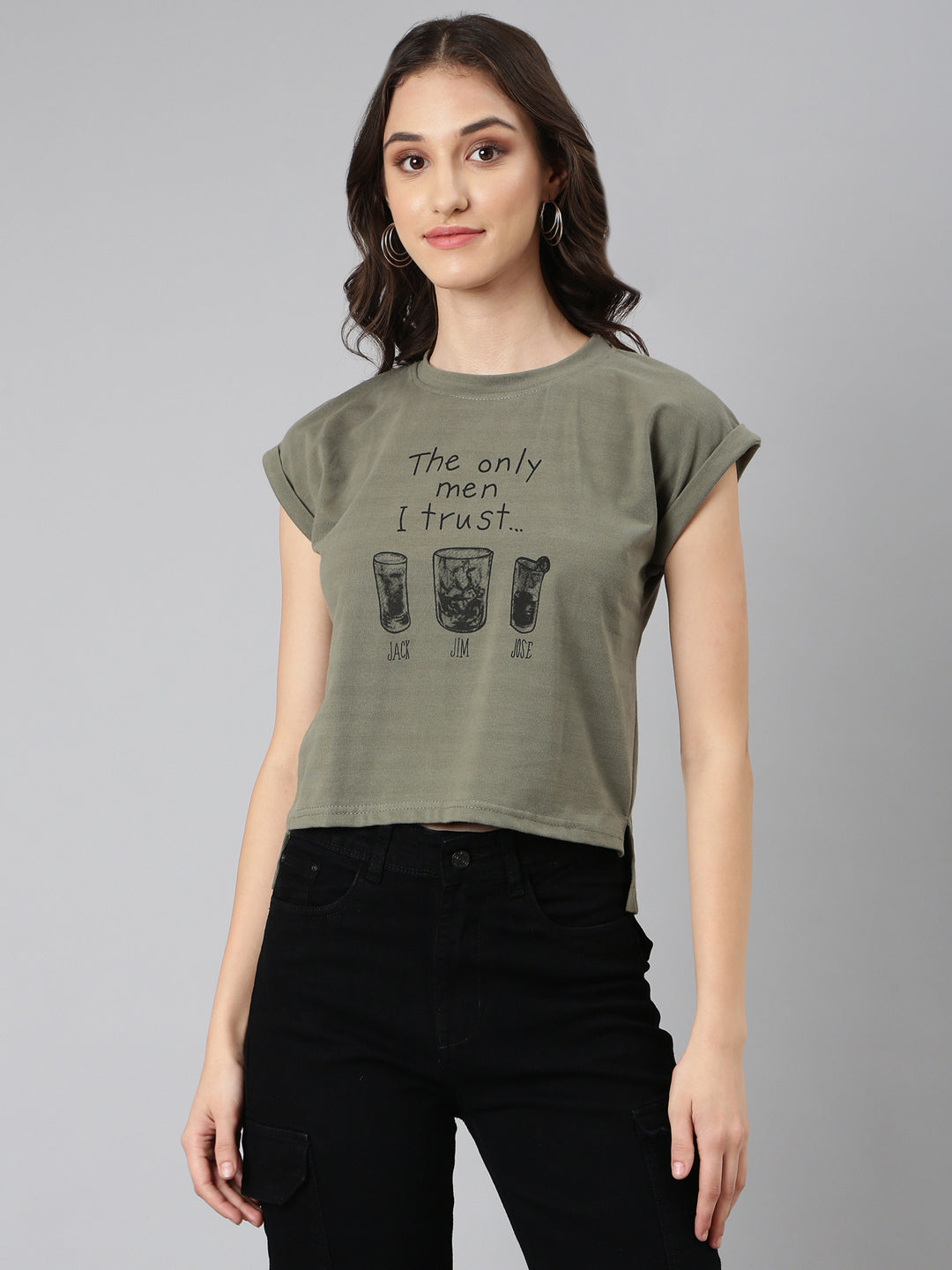 Women Olive Typographic Slim Fit Tshirt