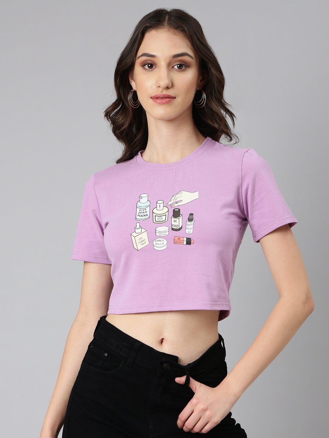 Women Lavender Typographic Crop Slim Fit Tshirt